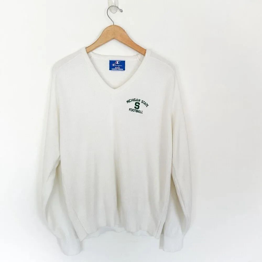 Champion Vintage 80s Unisex Michigan State Football Cream Acrylic V Neck Sweater